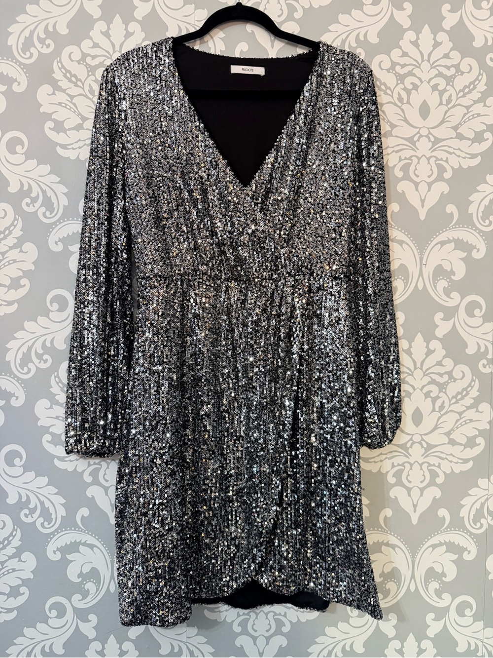 Ricki's Long-Sleeve Surplice Faux-Wrap Sequin Mini Dress